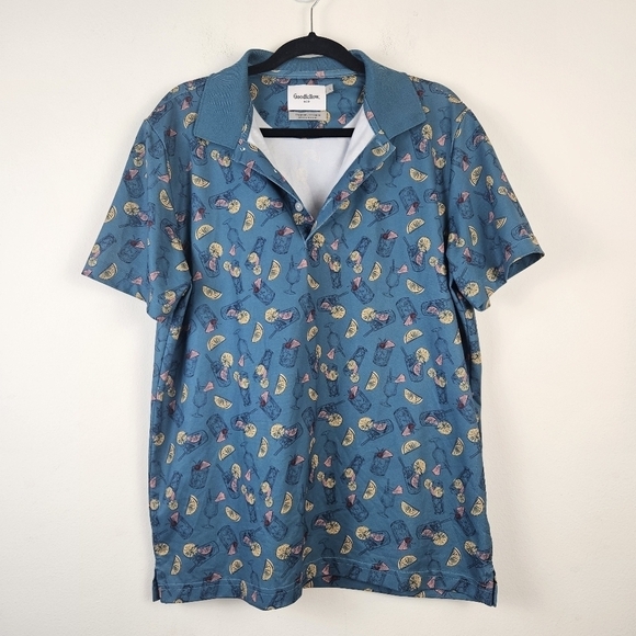 Goodfellow & Co Polo Mens Size Large Teal Cocktails Drinks Tea Lemonade Shirt - Picture 1 of 8